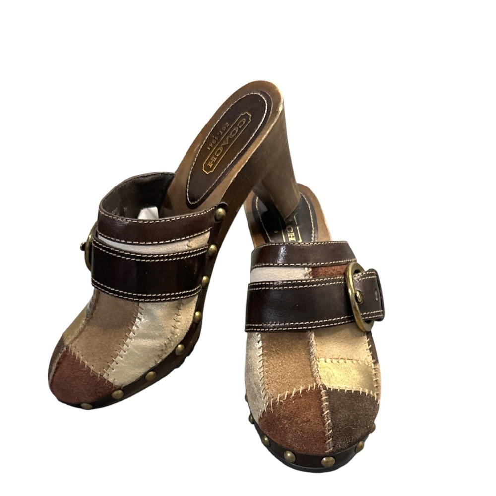 Coach Sebrina Patchwork Leather Suede‎ Wooden Clog Mules Brown Gold 7M